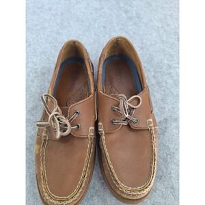 Lands End Vintage Mens Brown Leather Boat Shoes Slip On Deck Shoes Size 8D